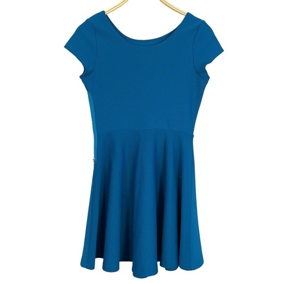 Love… Ady Womens LARGE Dress Teal Fit & Flare Round Neck Cap Sleeve Side Zip - Picture 2 of 5